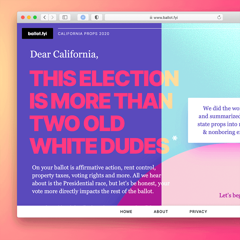 Screenshots of ballot.fyi 2020 edition pages