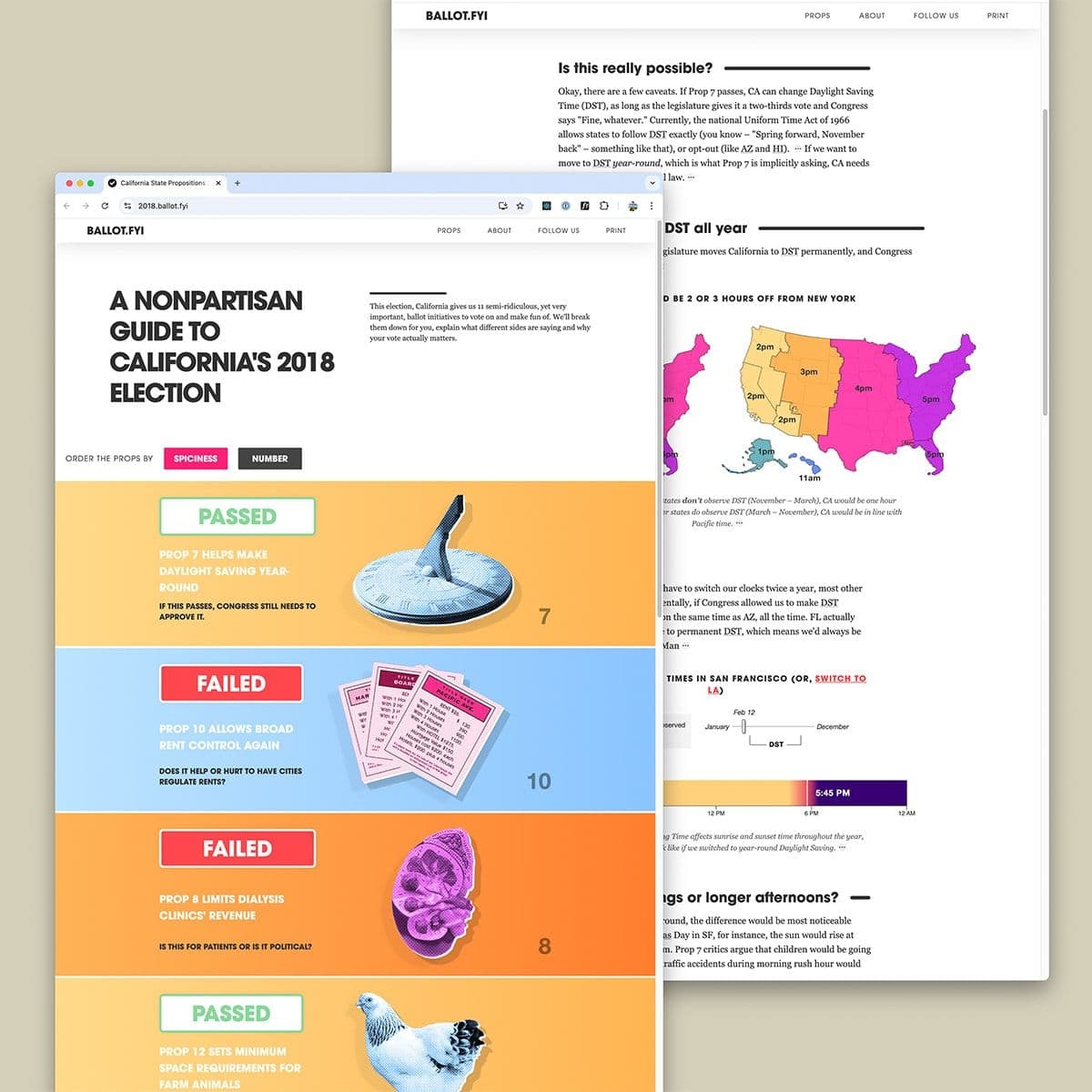 Screenshots of ballot.fyi 2018 edition pages